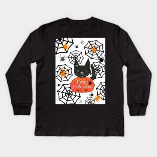 BLACK Cat Halloween With Spiders Kids Long Sleeve T-Shirt